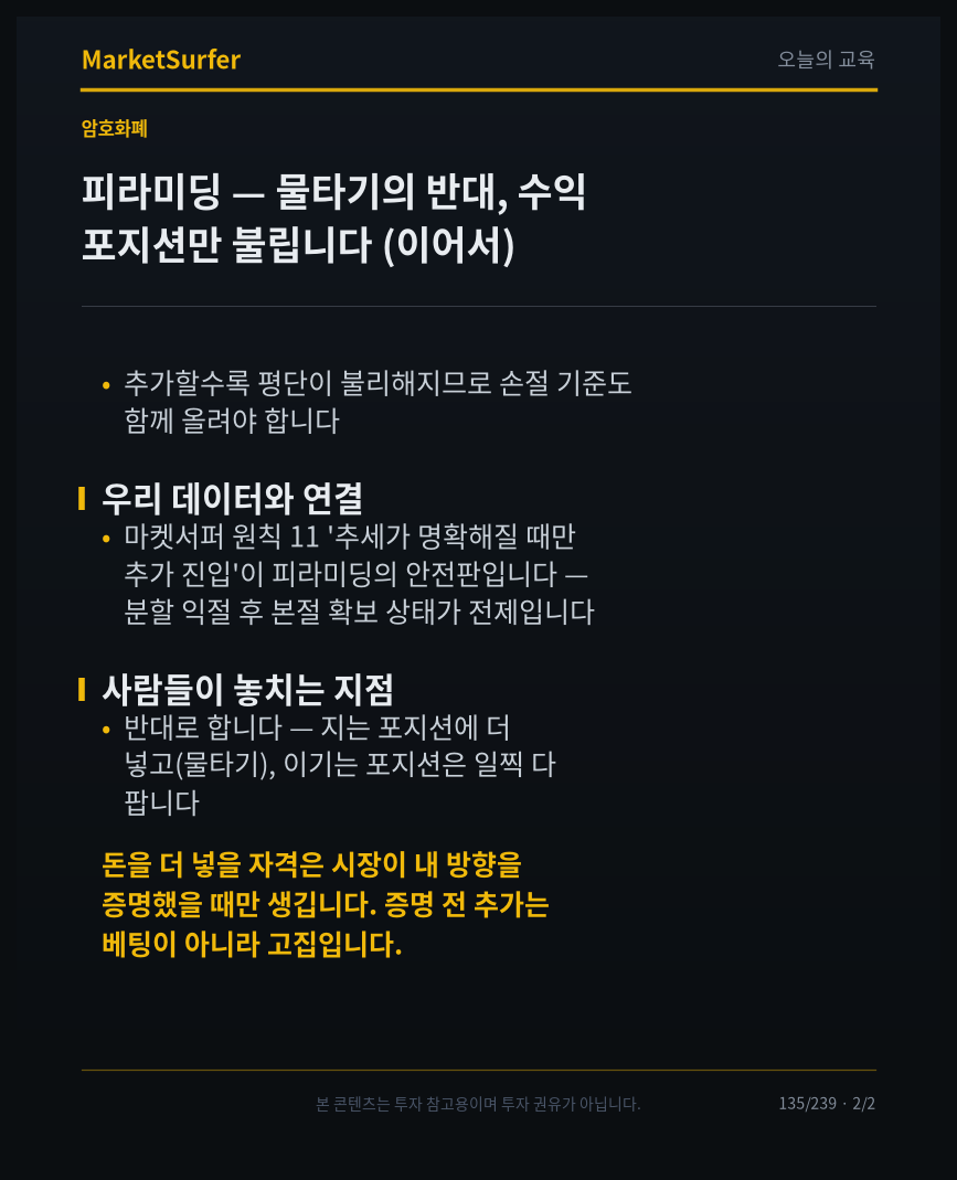 피라미딩 — 물타기의 반대, 수익 포지션만 불립니다 교육 카드 2